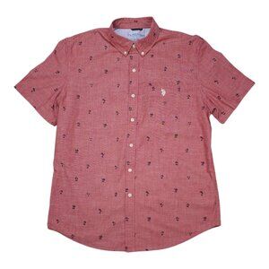 U.S. Polo Assn. Red Palm Tree Mens Size L Button-Up Shirt Short Sleeve Classic